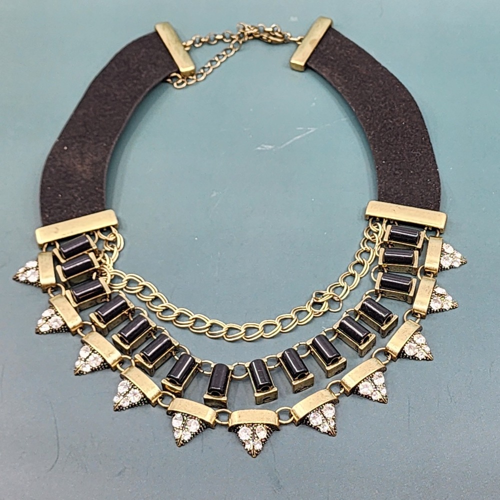 Black Faux Suede Bib Necklace Gold Tone Rhinestone Geometric Statement Collar